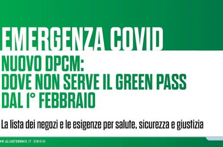 Il nuovo Dpcm: dove non serve il Green Pass dal 1° febbraio. La lista dei negozi e le esigenze per salute, sicurezza e giustizia. Le misure nelle schede ALI.